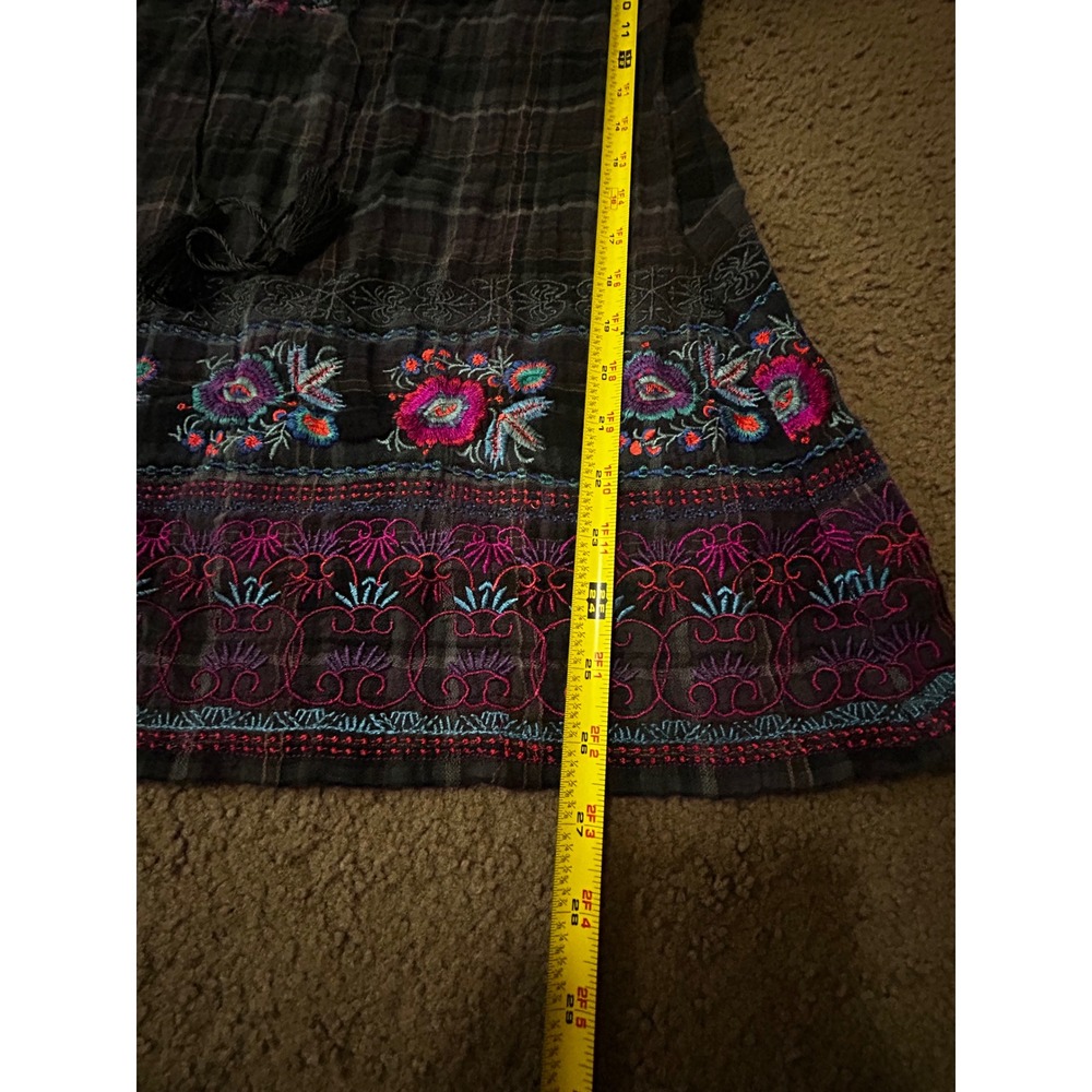 3J Workshop Johnny Was Plaid Embroidered Boho Peasant Blouse Tassels Gray M - Picture 9 of 10